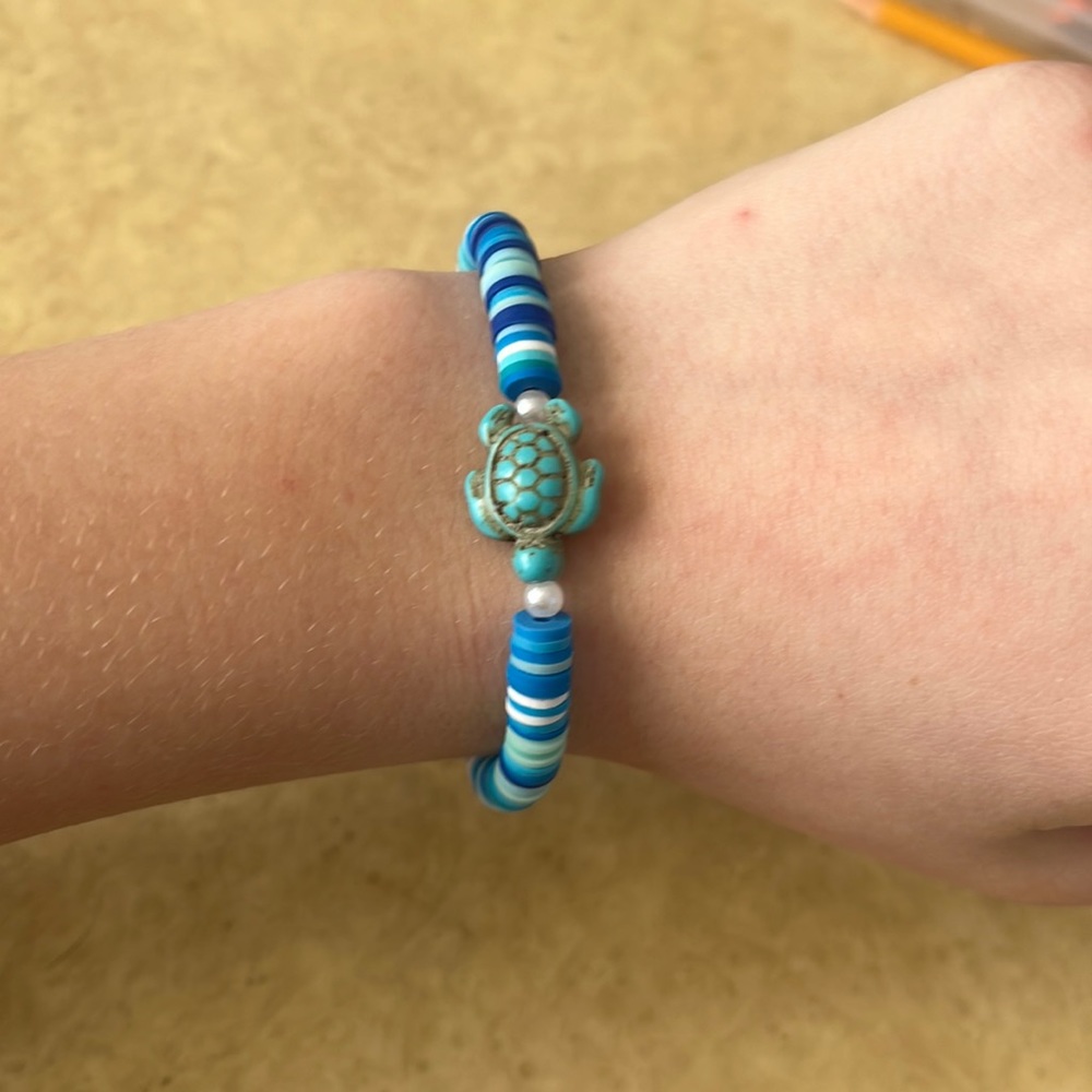 Handmaid turtle blue and white clay bead bracelet adjustable clamp